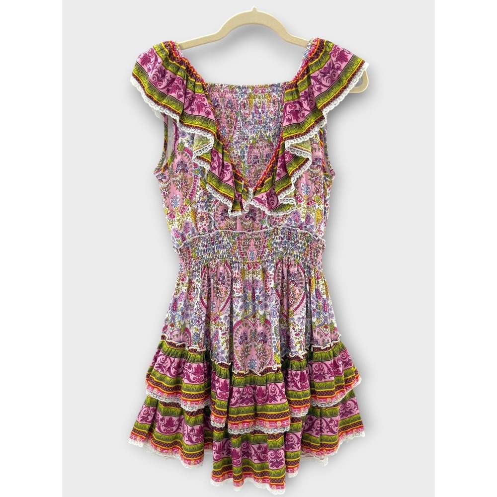 Anthropologie Barok Paris Dress S Pink Paisley Boho Peasant Smocked Ruffle Min - Picture 2 of 12